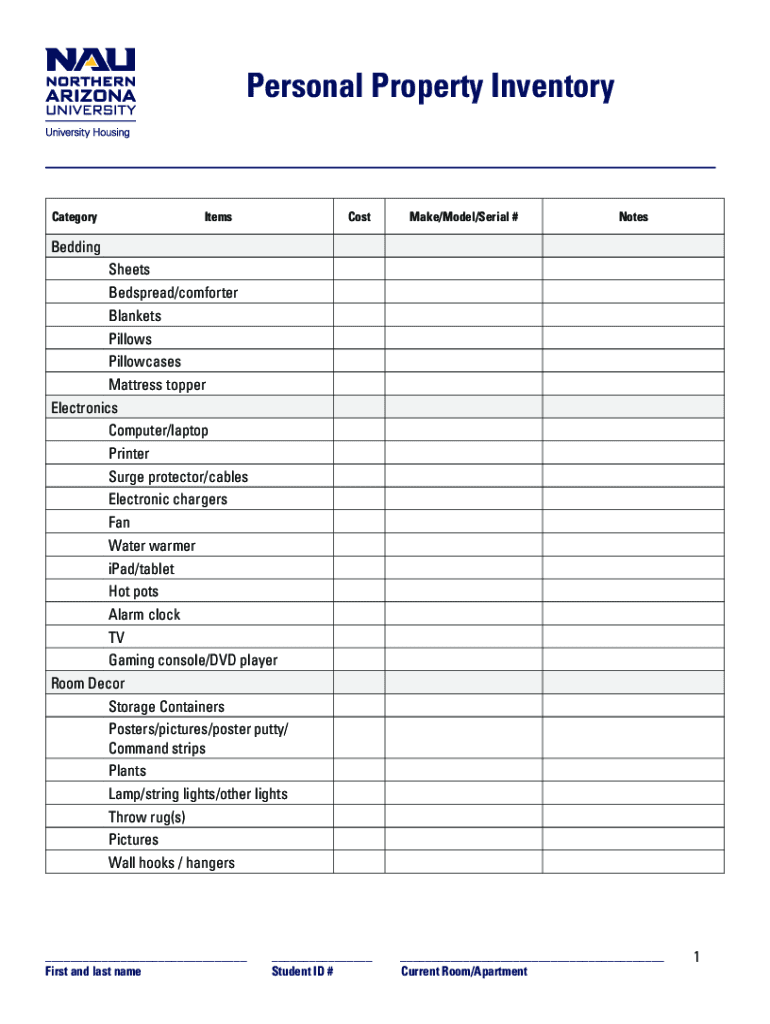 personal property inventory template Preview on Page 1