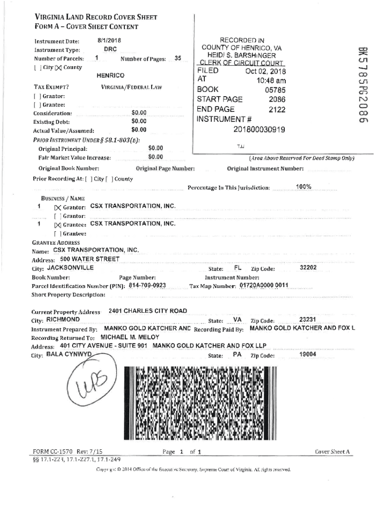 Fillable Online VIRGINIA LAND RECORD COVER SHEET lb000 0188 FORM A Fax