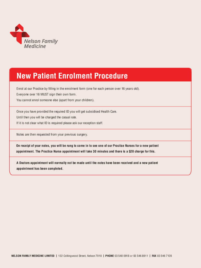 Fillable Online New Patient Enrolment Procedure Nelson Family