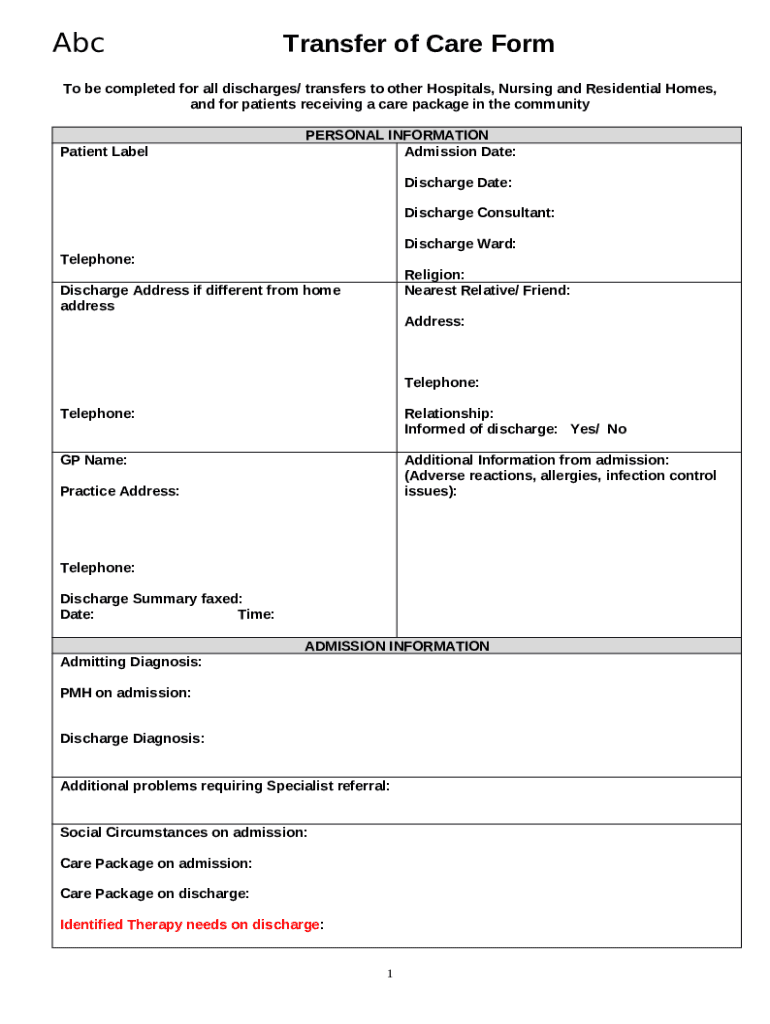 Abc Transfer of Care Doc Template pdfFiller