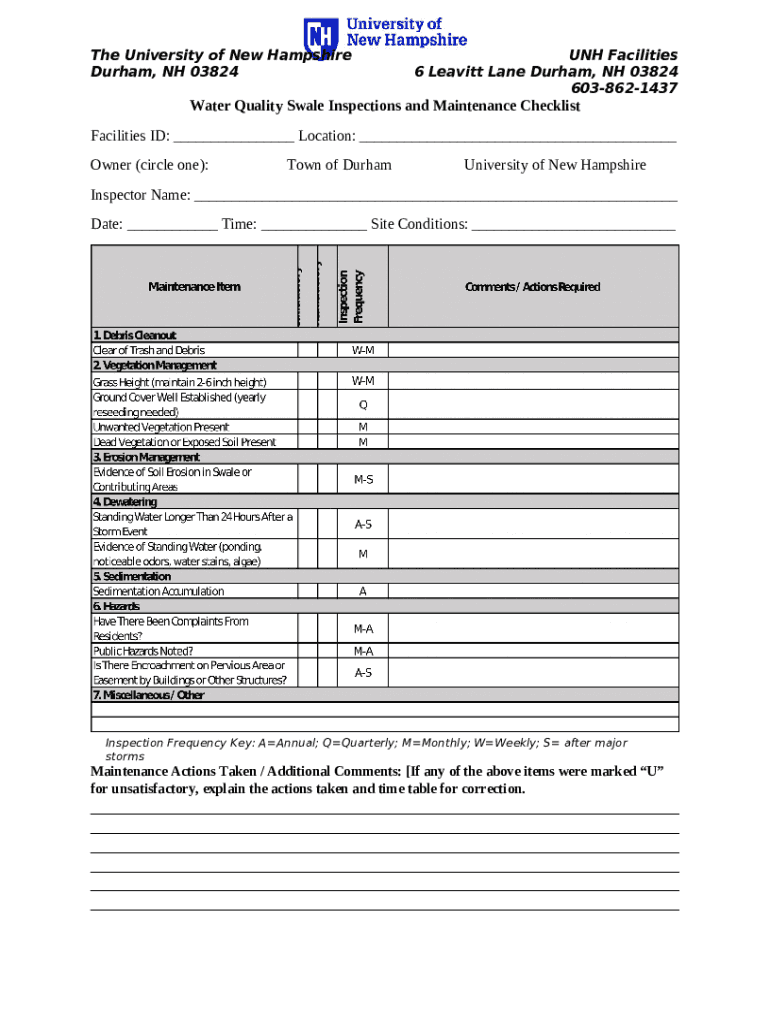 Water Quality Swale Inspections and Maintenance Checklist Doc Template