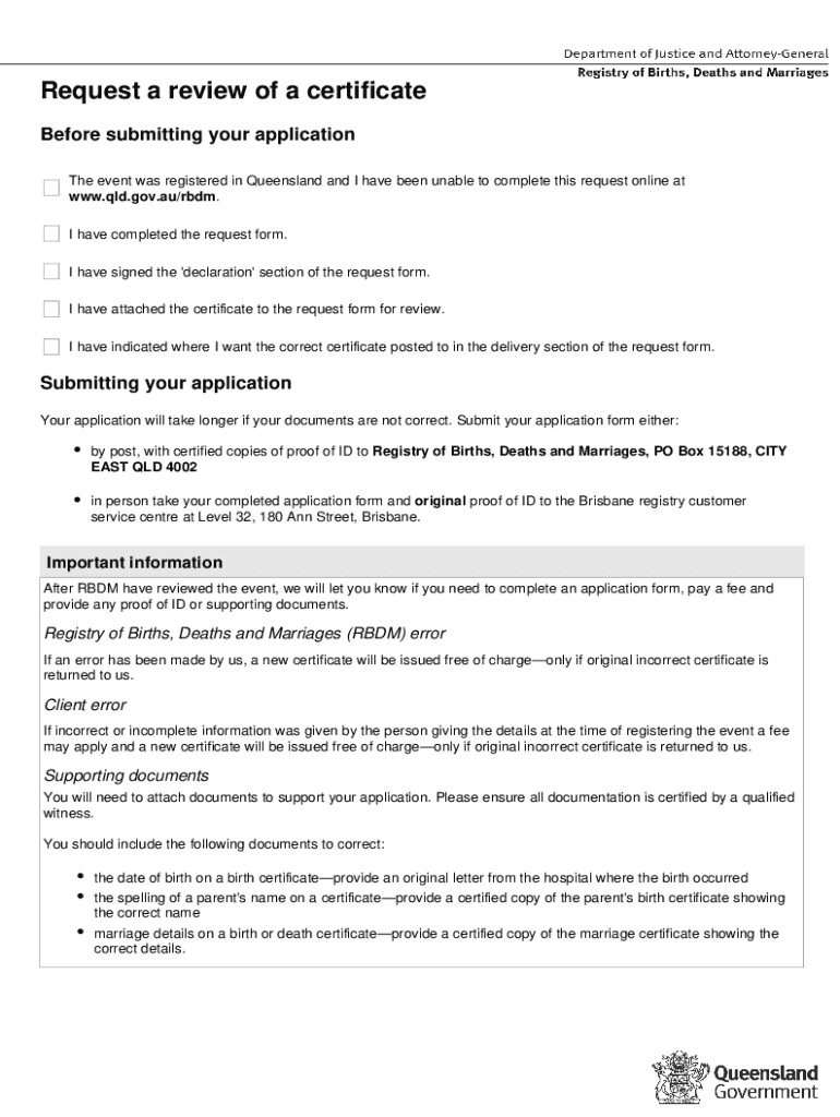 Fillable Online PDF Request a review of a certificate - Queensland ...