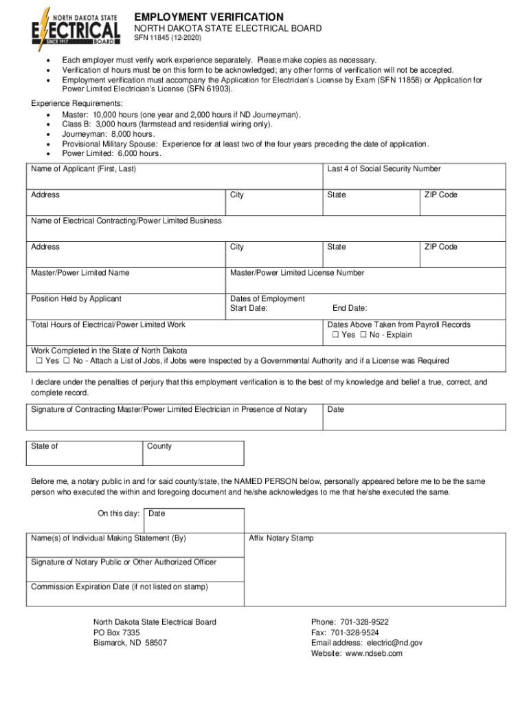 Verification of Employment form - North Dakota Board of Nursing Preview on Page 1