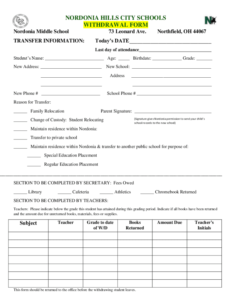 NORDONIA HILLS CITY SCHOOLS WITHDRAWAL FORM Nordonia Preview on Page 1