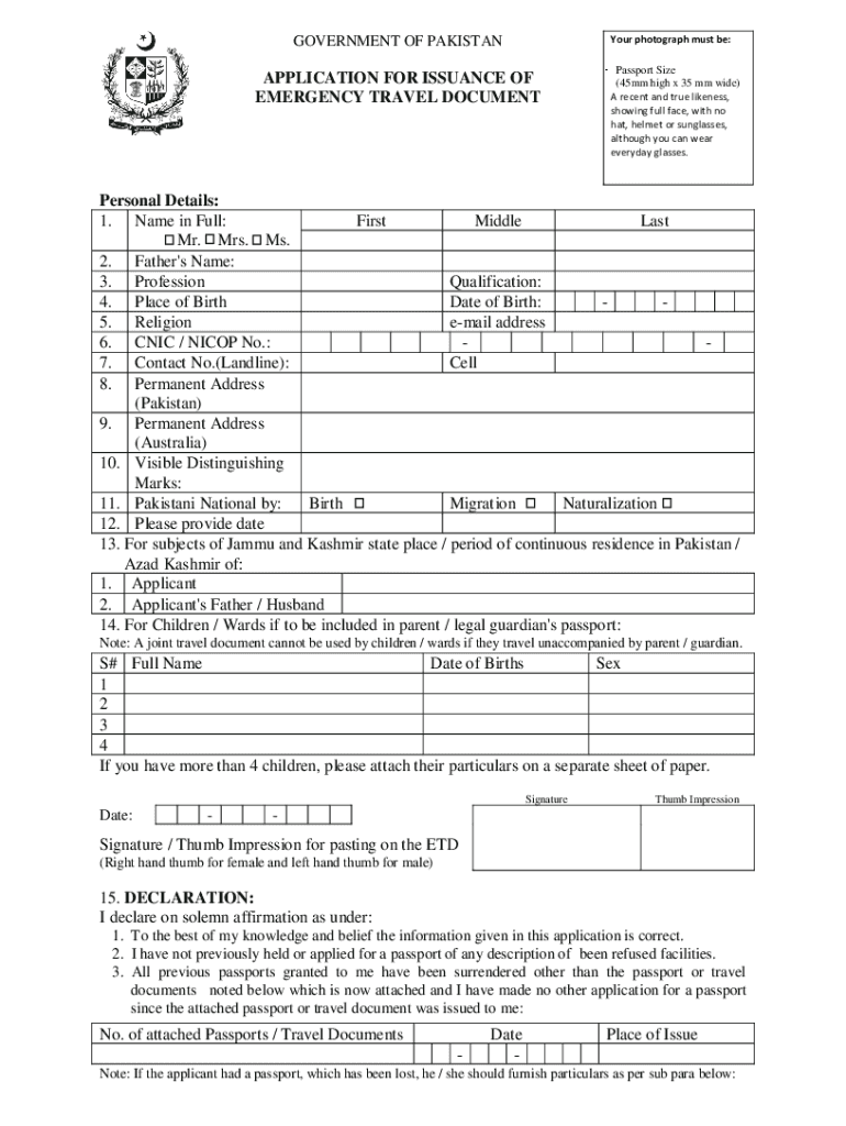 Fillable Online APPLICATION FOR ISSUANCE OF EMERGENCY TRAVEL DOCUMENT A
