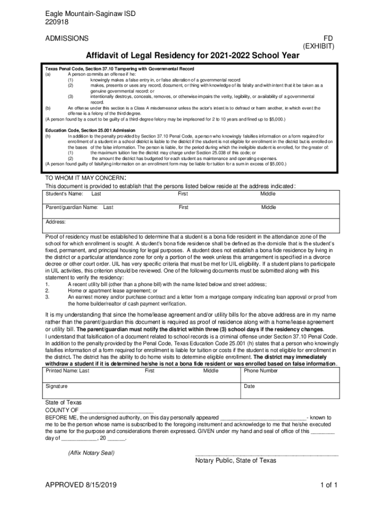 Fillable Online Affidavit of Legal Residency for 20212022 School Year