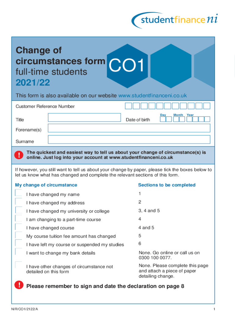 Fillable online student finance northern ireland change of
