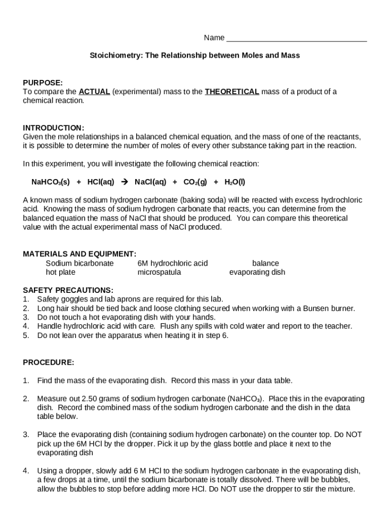 Stoichiometry Baking Soda and Vinegar ReactionsStoichiometry (article