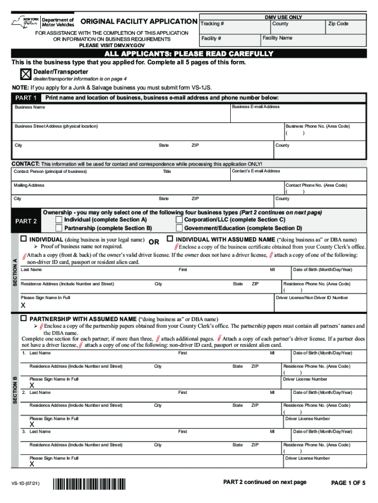 Original Facility Application - NY DMV Preview on Page 1