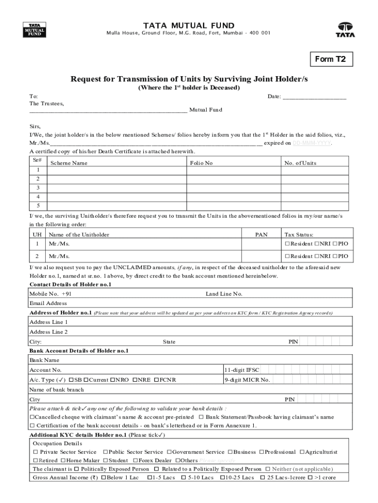 Sbi Mutual Fund Transmission Form T2 Fill Online, Printable, Fillable
