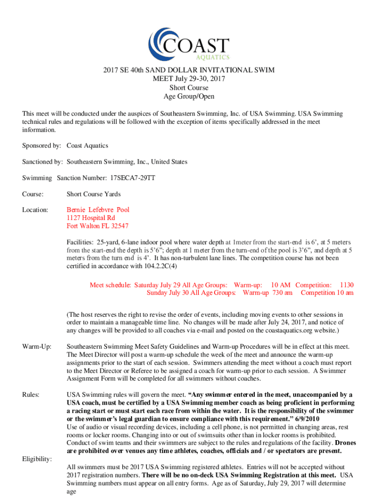 Fillable Online 27th SAND DOLLAR INVITATIONAL SWIM MEET Fax Email Print pdfFiller