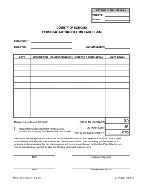Fillable Online Mileage Reimbursement Form, Effective 2021-01-01