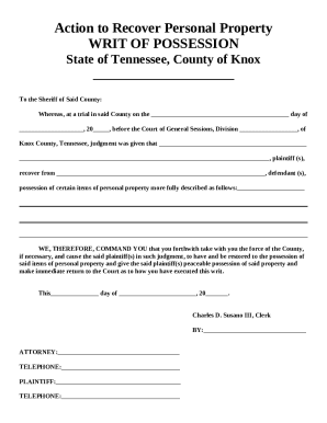 Writ Of Possession For Action To Recover Personal Property ...