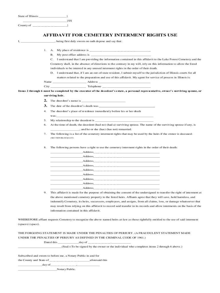 Fillable Online PDF affidavit for cemetery interment rights use - City ...