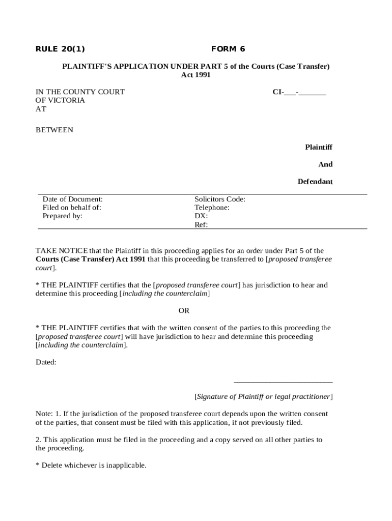 6 Part 5 Application by Plaintiff Courts (Case Transfer) Act Doc Template pdfFiller