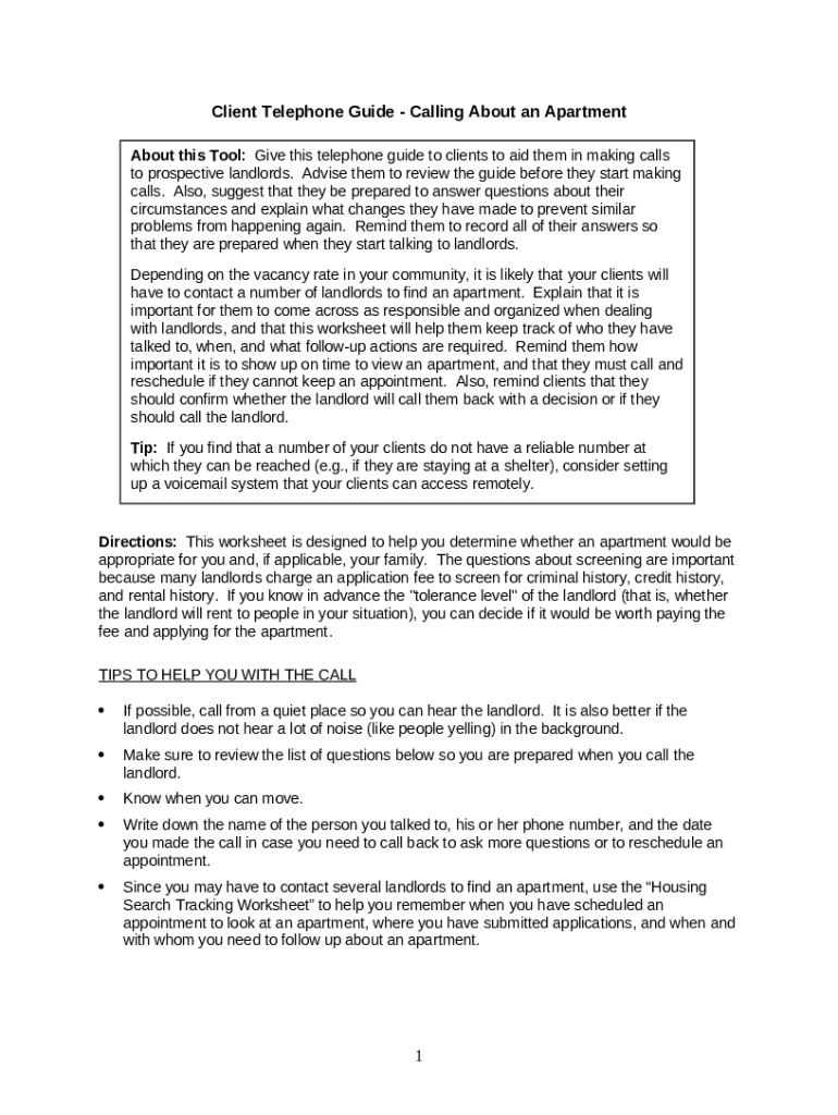 Client Telephone Guide Calling About an Apartment Doc Template