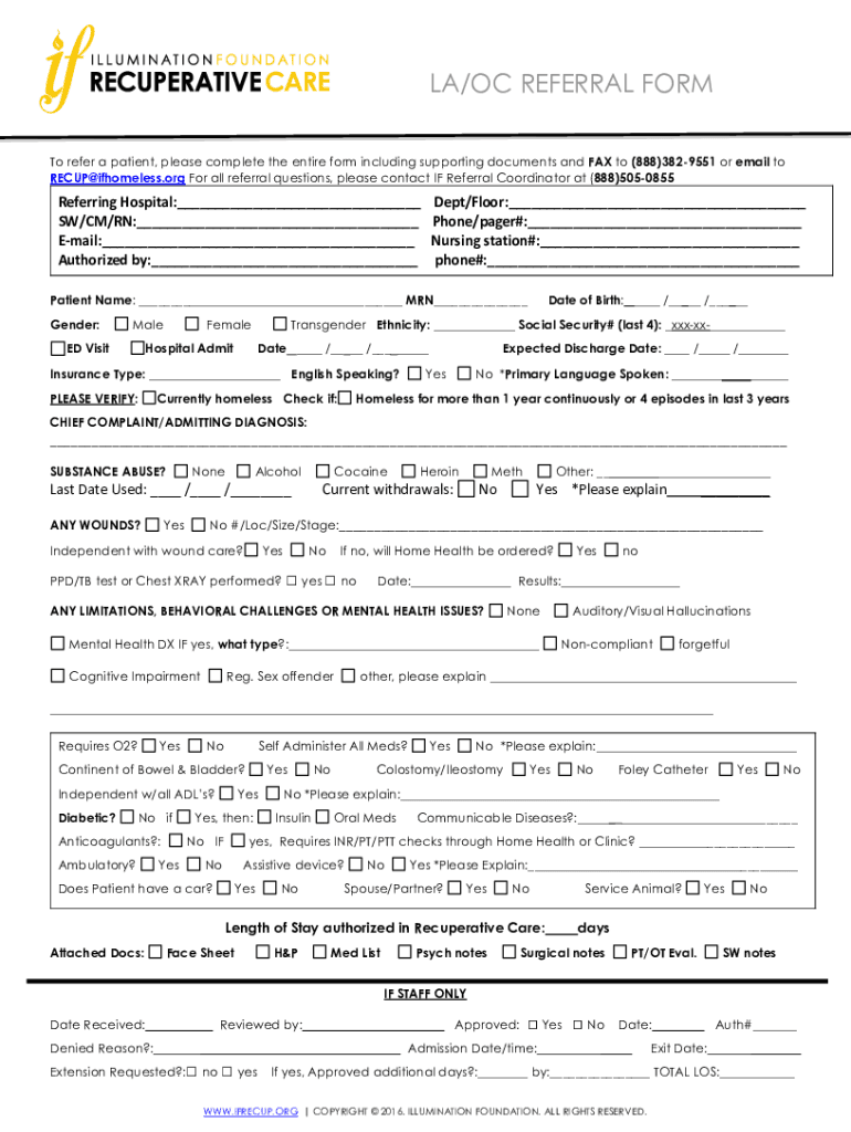 Fillable Online CARE LA/OC REFERRAL FORM IF Recuperative Care Fax