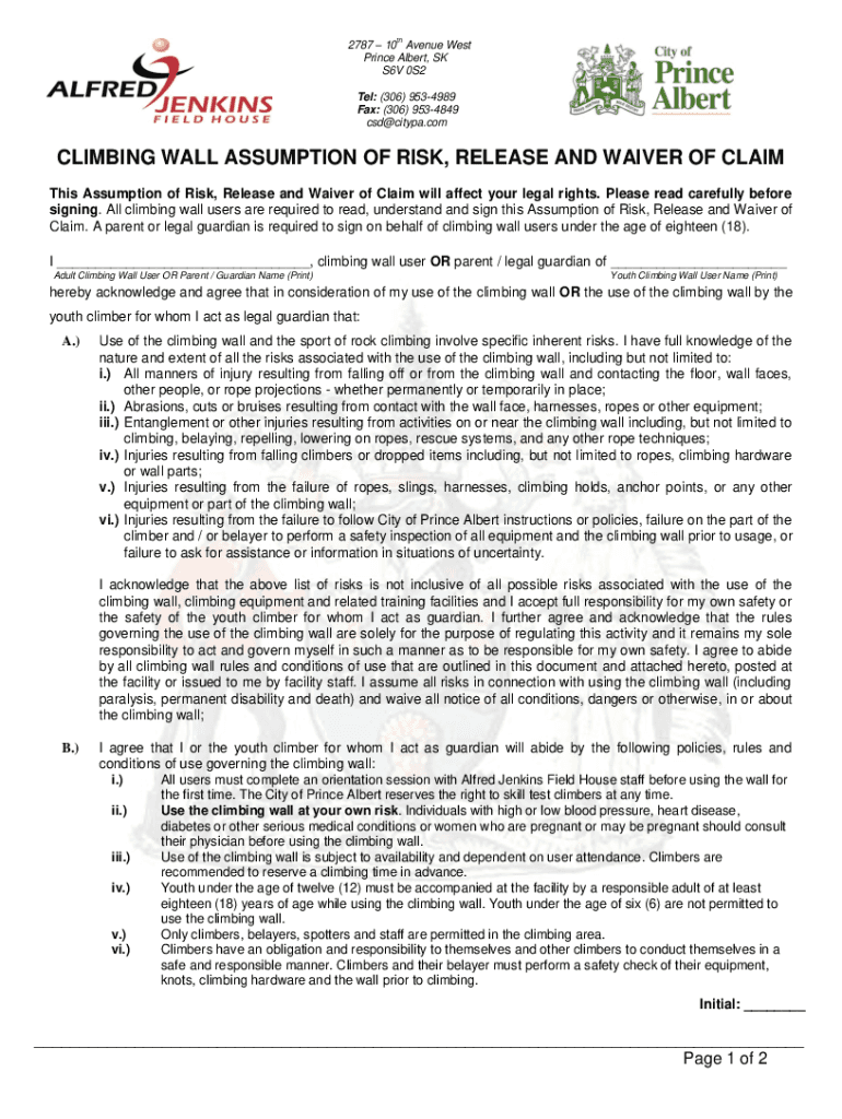 Fillable Online CLIMBING WALL ASSUMPTION OF RISK, RELEASE AND WAIVER OF