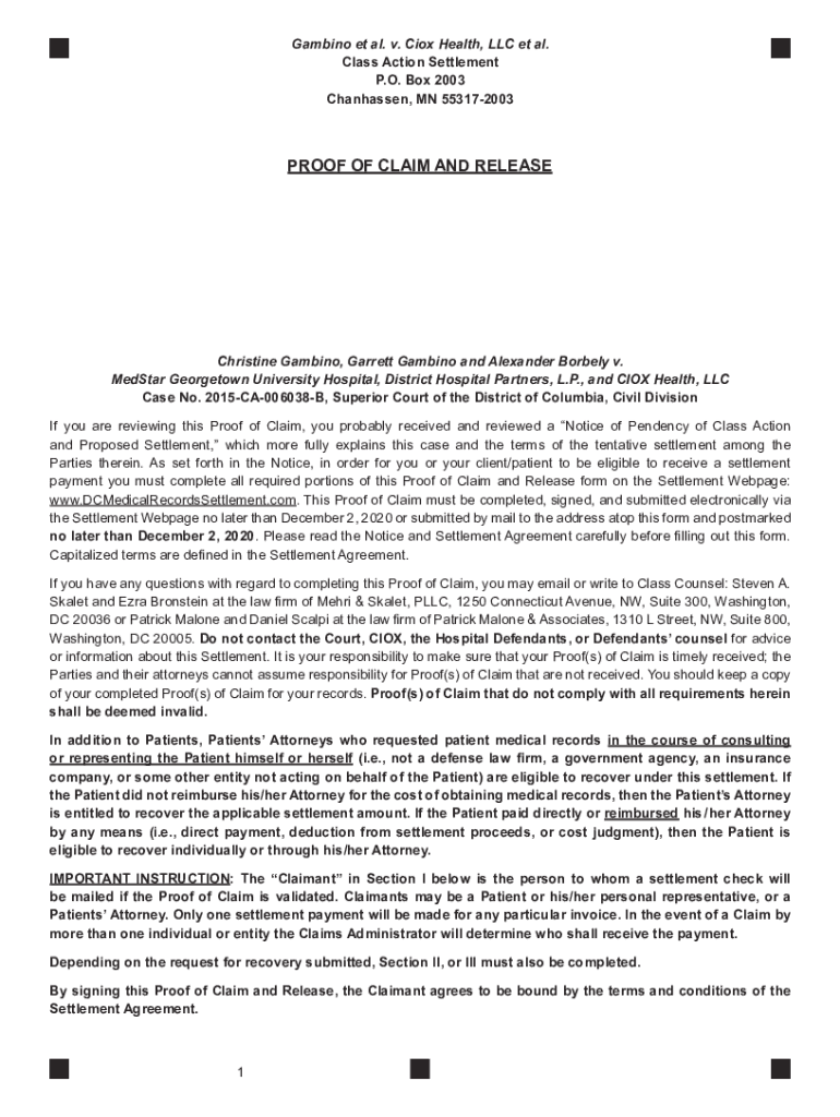 Fillable Online PROOF OF CLAIM AND RELEASE DC Medical Records Fax