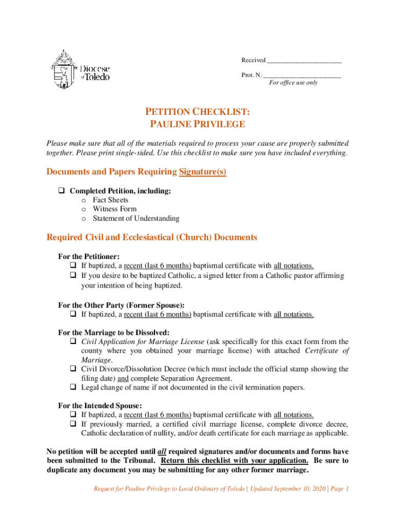 Fillable Online PETITION CHECKLIST: PAULINE PRIVILEGE Documents and ...