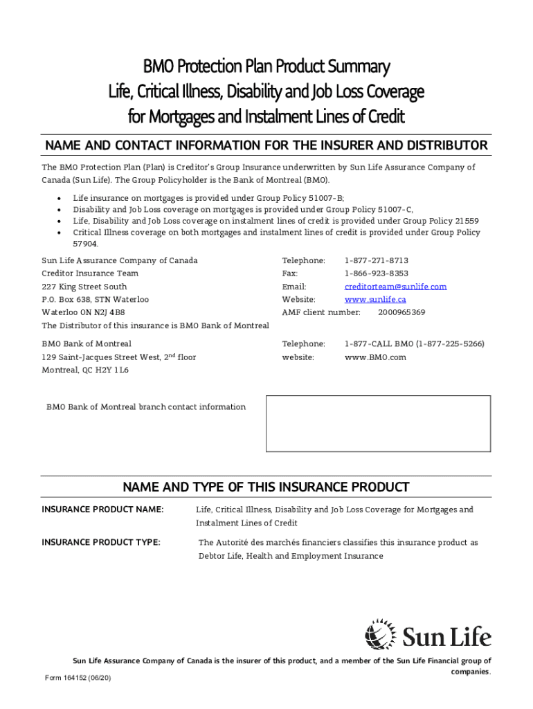 Fillable Online BMO Protection Plan Product Summary - Life, Critical ...