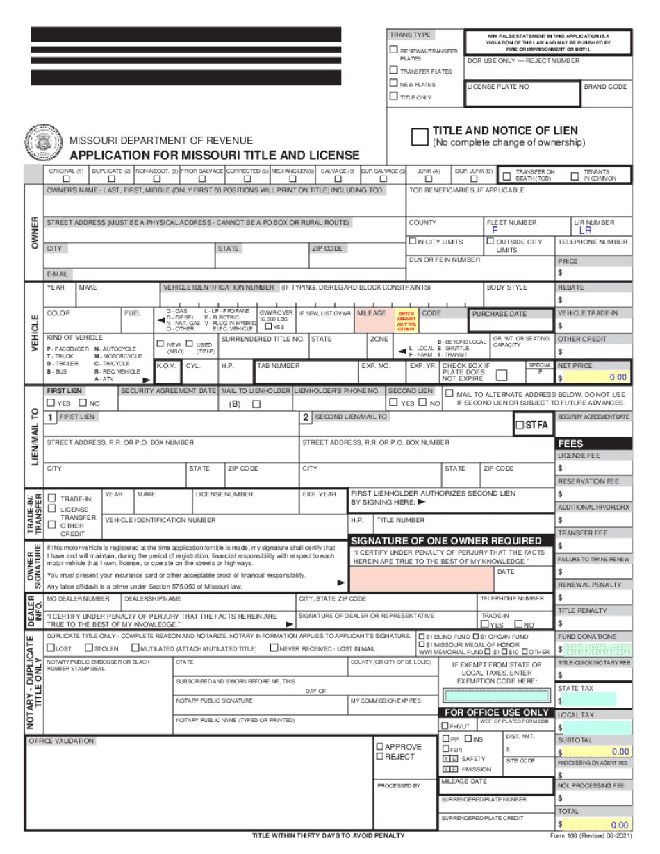 Missouri Title Application Printable Blank PDF Online