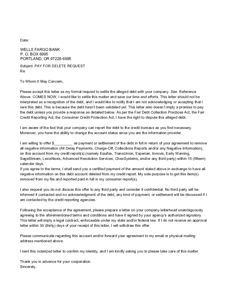 Fillable Online Wells Fargo Dispute Sample Pay for Delete Letter