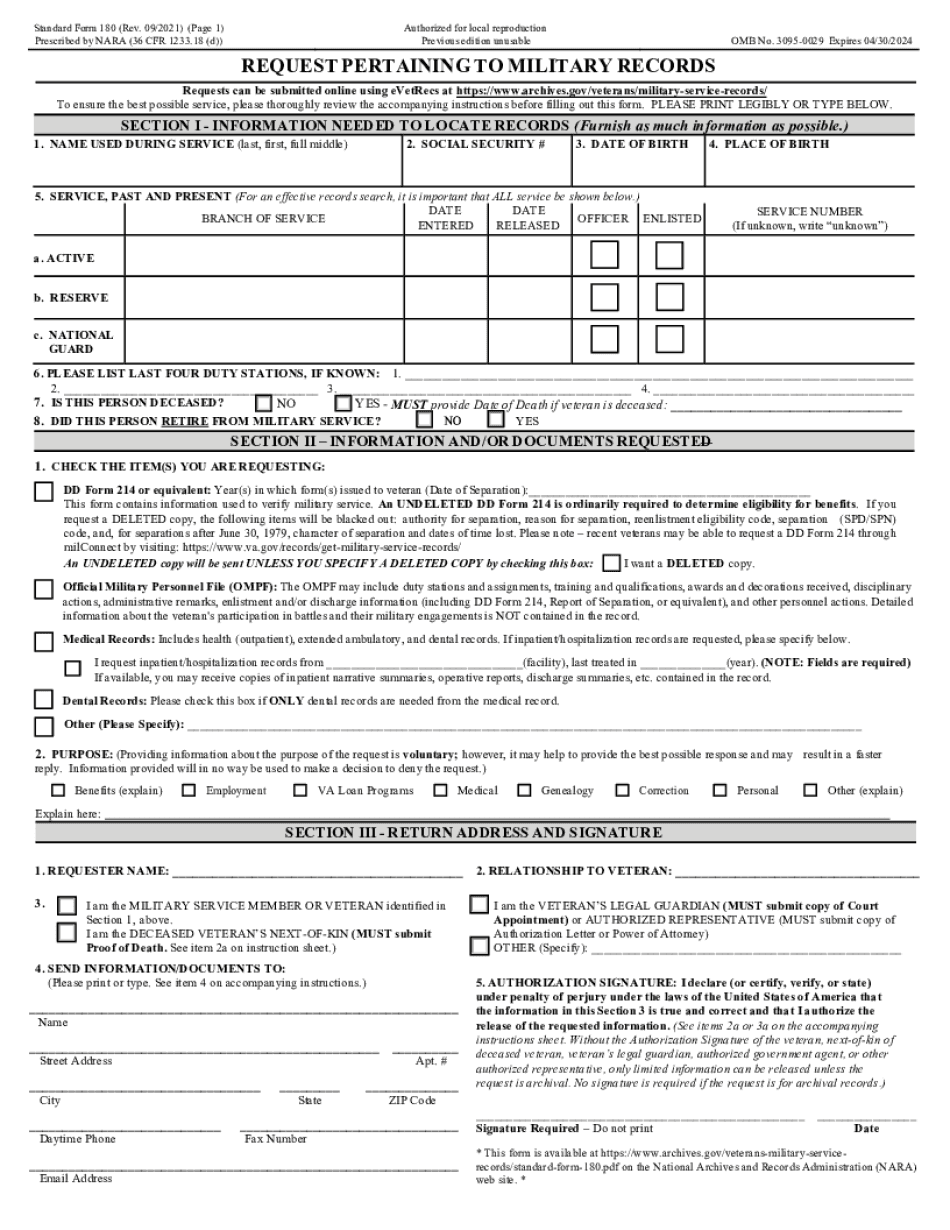 Standard Form 180, Request Pertaining To Military Records