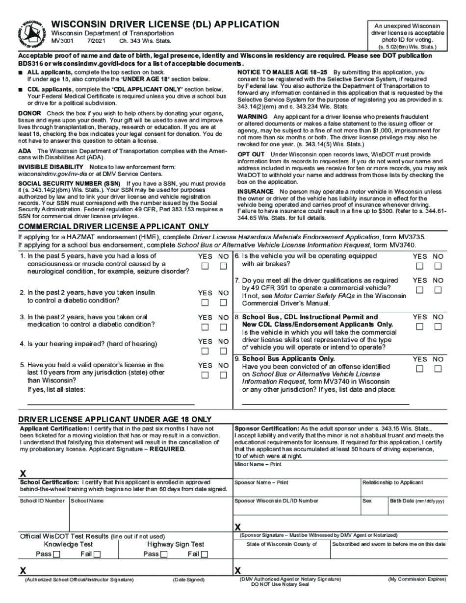 Wisconsin Driver License (Dl) Application (Mv3001) - Formalu