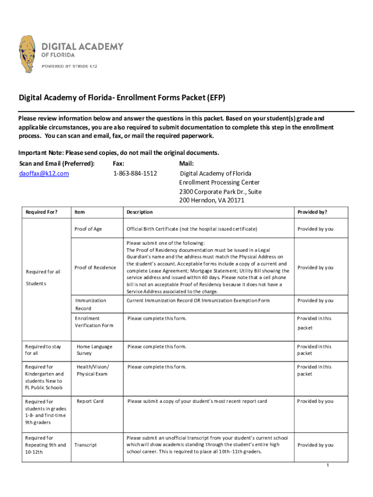 Fillable Online Digital Academy of Florida Enrollment Forms Packet