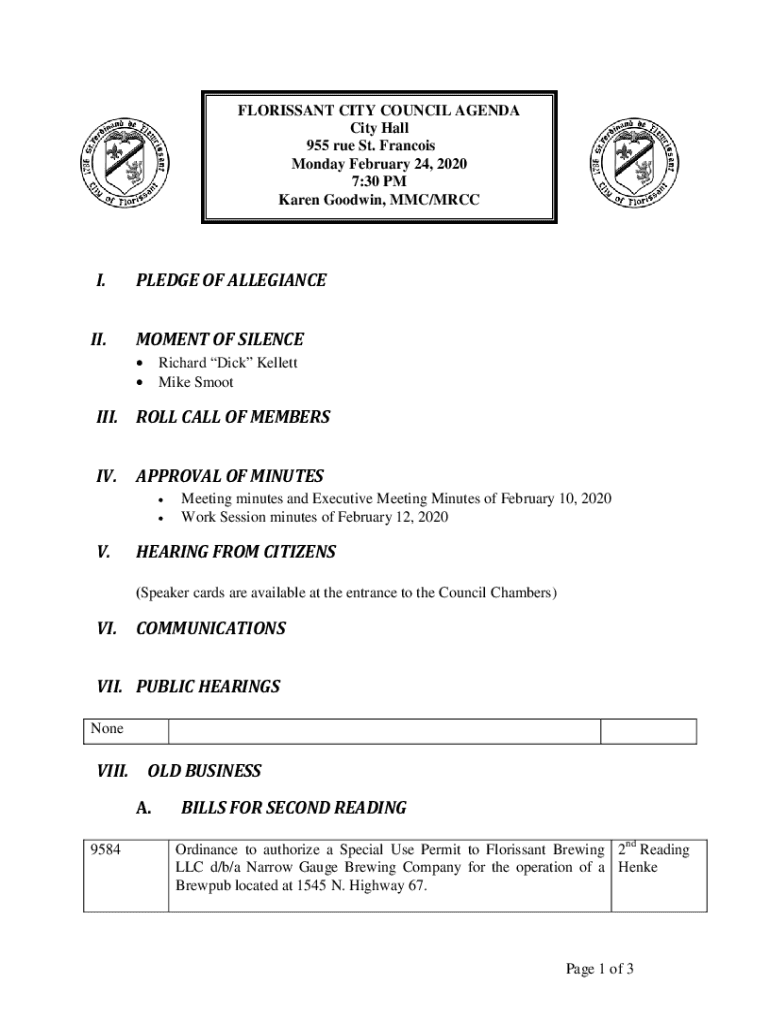 Fillable Online FLORISSANT CITY COUNCIL AGENDA City Hall 955 rue St Fax Email Print pdfFiller
