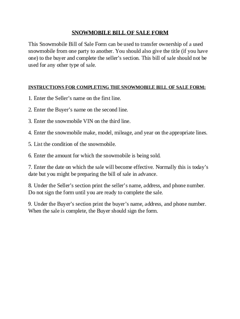Snowmobile Bill of Sale Bill of Sale Doc Template pdfFiller
