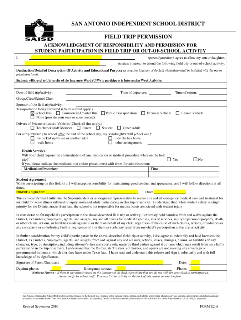 Senior Field Trip Forms - North East Independent School Preview on Page 1