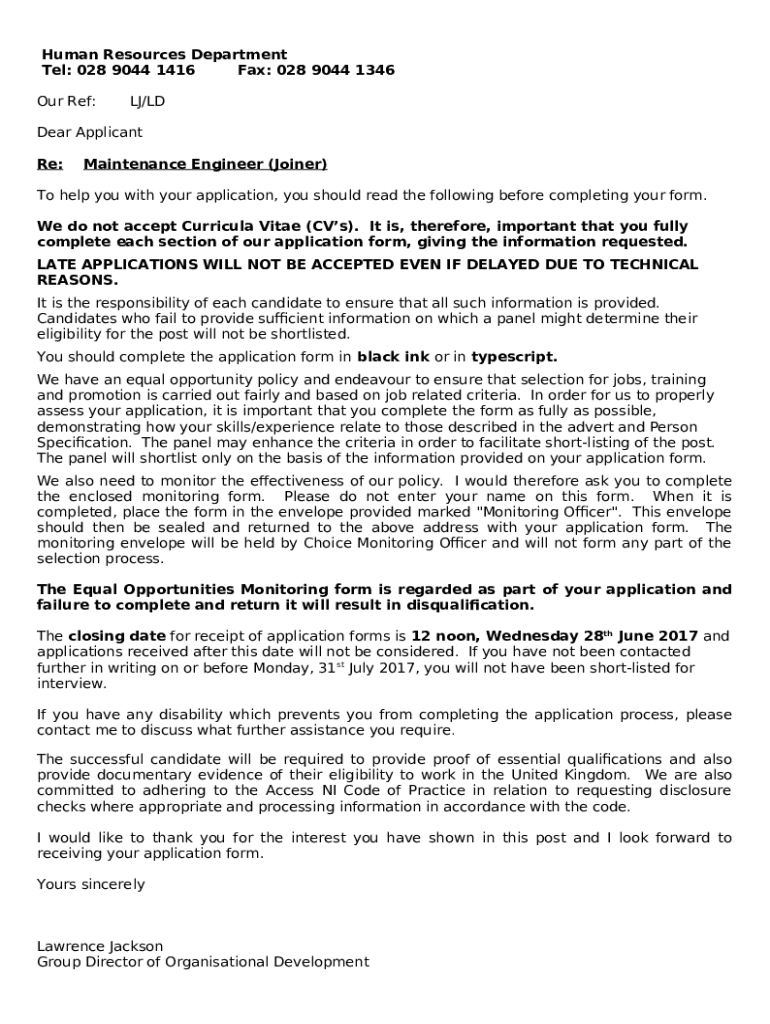 ReMaintenance Engineer (Joiner) Doc Template pdfFiller