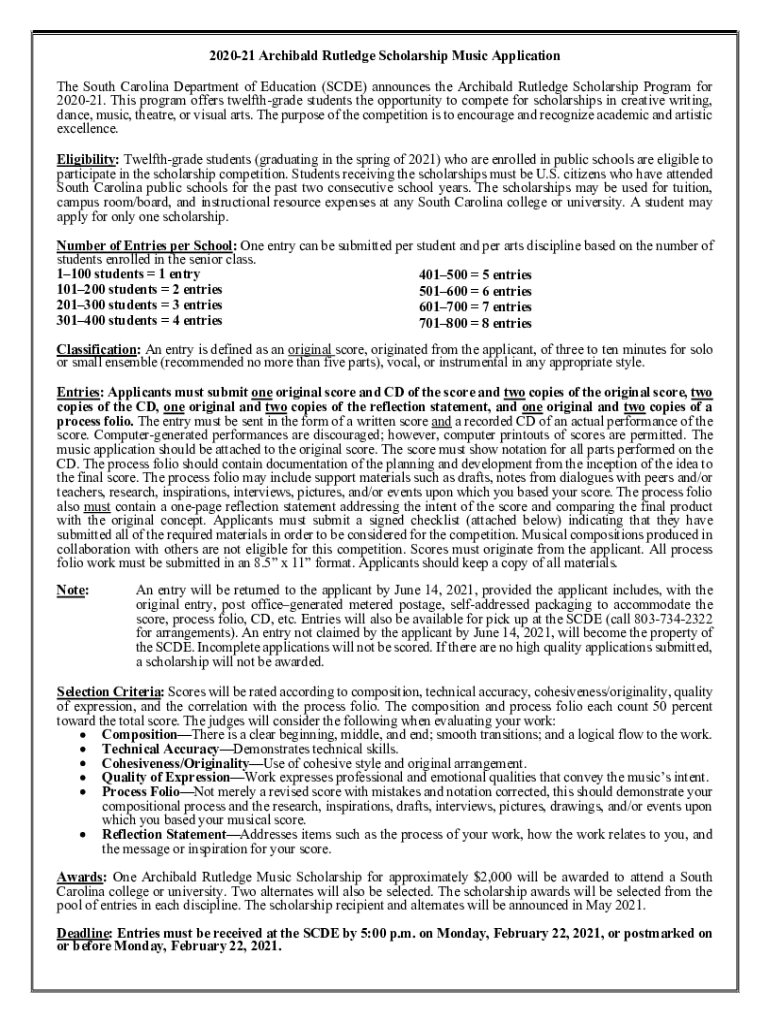Fillable Online ed sc 202021 Archibald Rutledge Scholarship Music