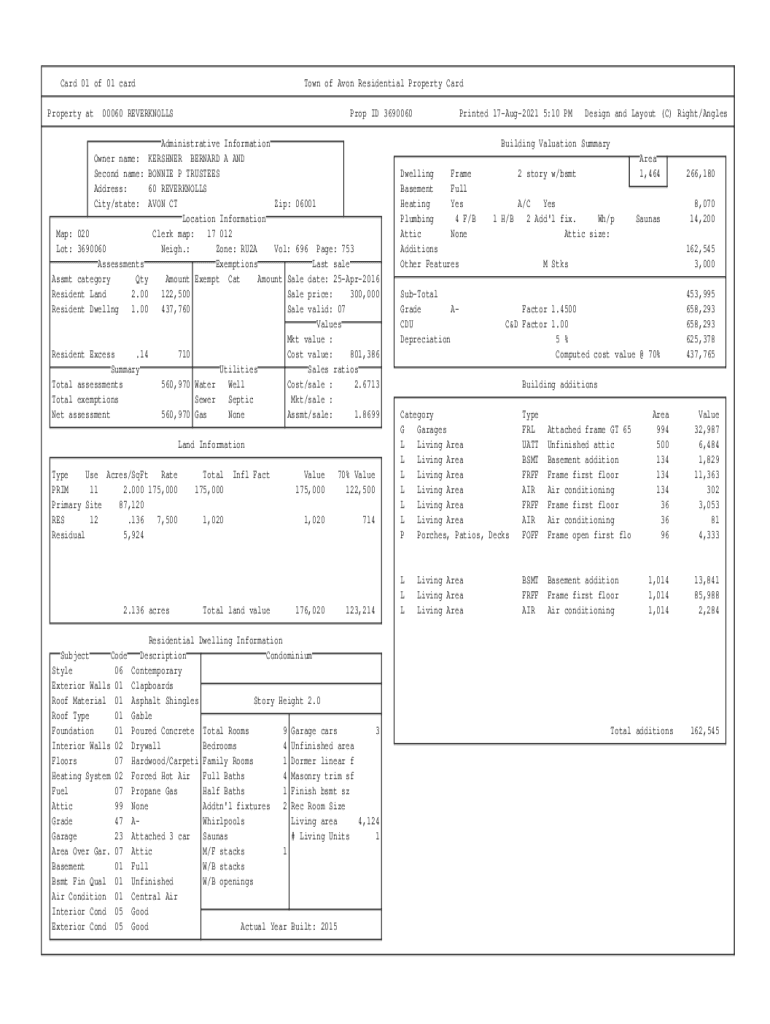 Fillable Online Card 01 of 01 card Town of Avon assessor.avonct