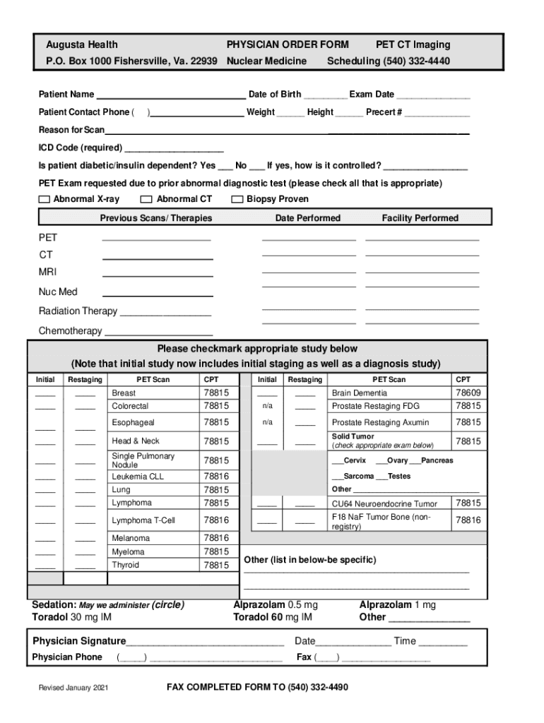 Fillable Online Augusta Health PHYSICIAN ORDER FORM PET CT Imaging P.O ...