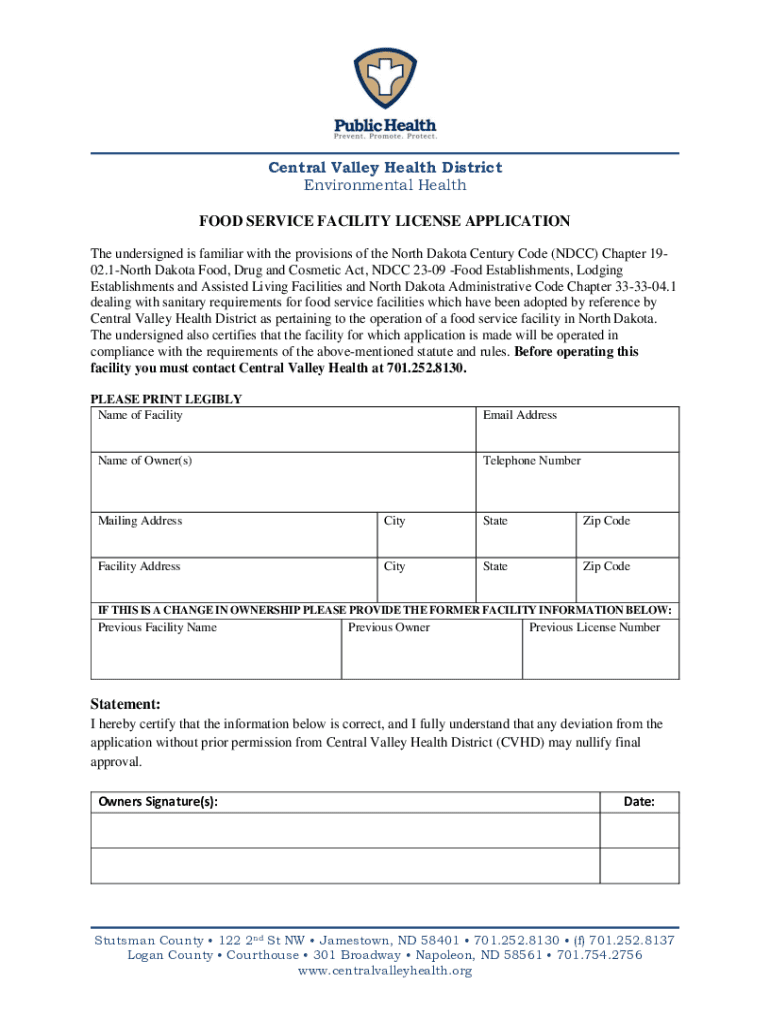 Food Service Facility Application - Central Valley Health District Preview on Page 1