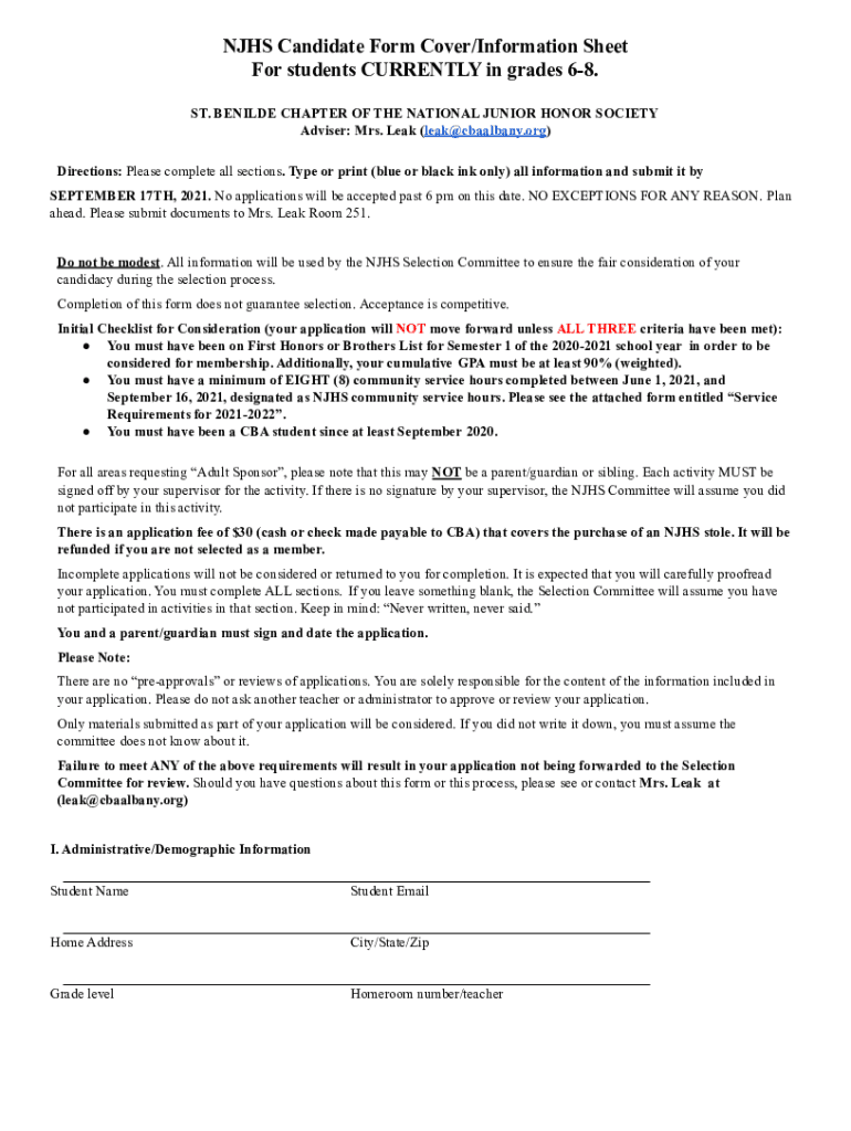 Fillable Online NJHS Candidate Form Cover/Information Sheet For ...
