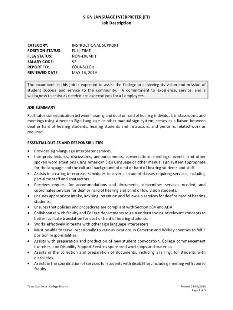 Fillable Online SIGN LANGUAGE INTERPRETER (FT) Job Description CATEGORY