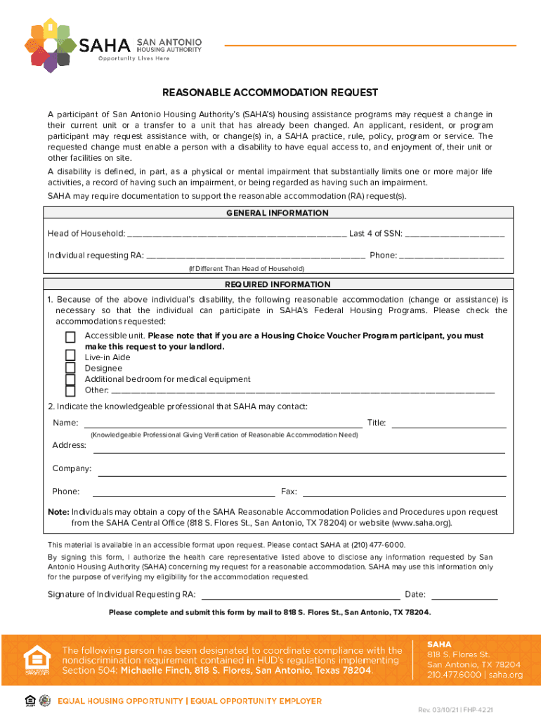 REASONABLE ACCOMMODATION REQUEST - San Antonio Preview on Page 1