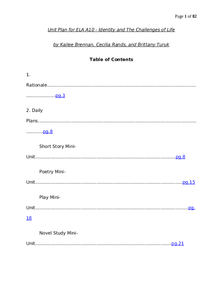 Unit Plan For ELA A10 Identity And The Challenges Of Life Doc Doc 