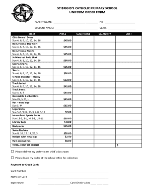 Fillable Online ST BRIGIDS CATHOLIC PRIMARY SCHOOL UNIFORM ORDER FORM ...