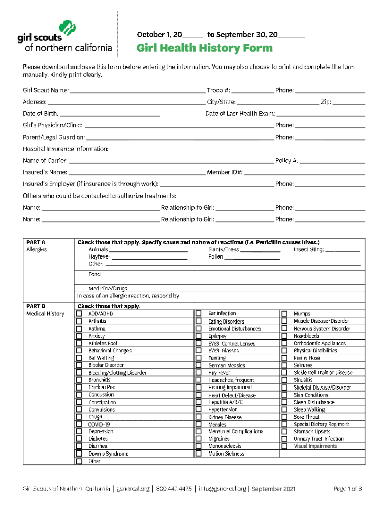 girl scouts health history form Preview on Page 1