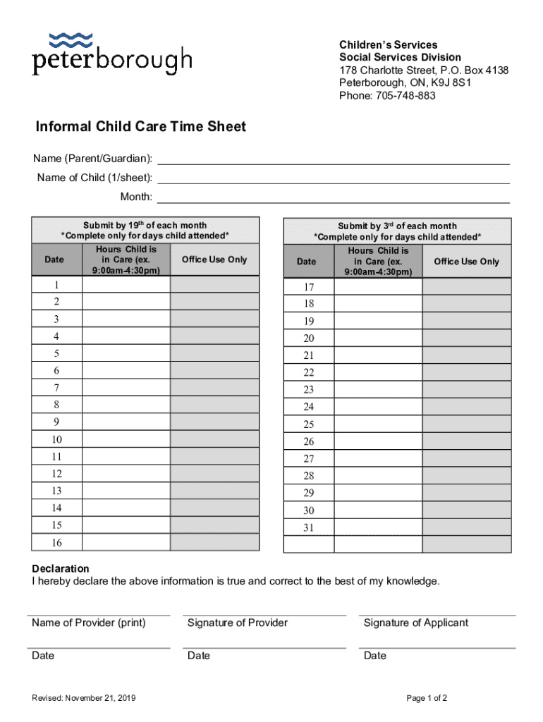 OW Informal CC Timesheet. Children's Services Preview on Page 1.