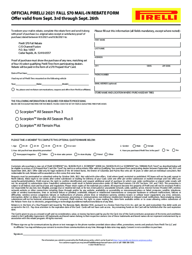 Fillable Online OFFICIAL PIRELLI 2021 SPRING 70 MAILIN REBATE FORM