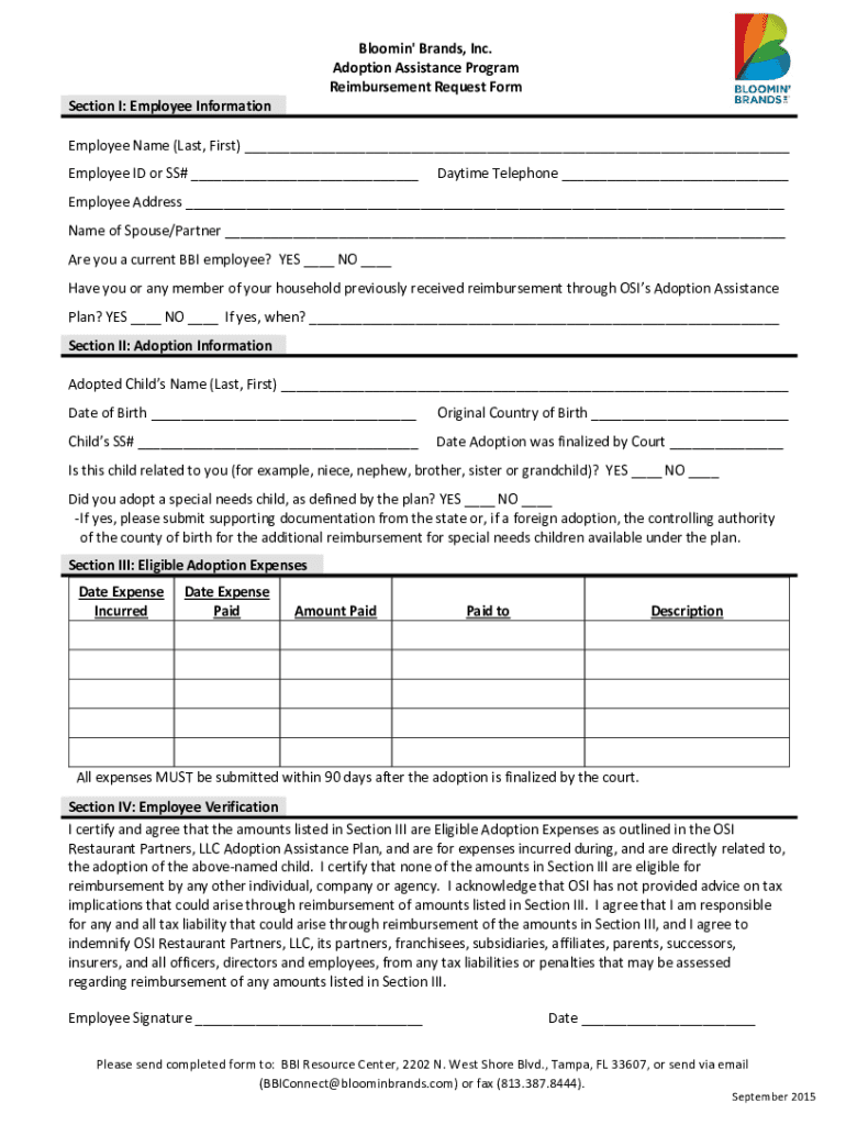 Fillable Online BBI Adoption Assistance Reimbursement Form - Feb 2015 ...