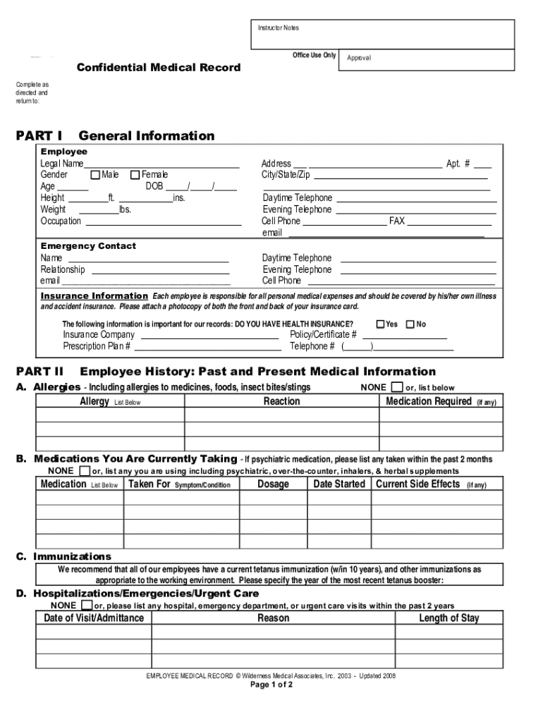 Fillable Online Employee Medical Record rev 2008not distributed.doc