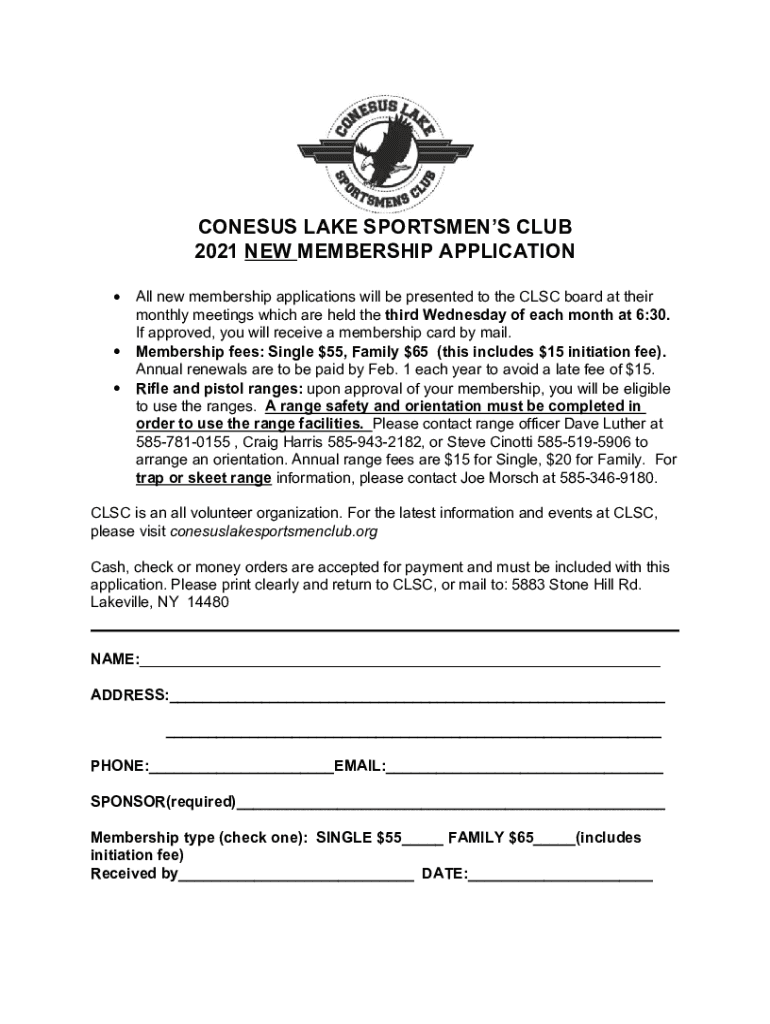 Fillable Online 2021 NEW MEMBERSHIP APPLICATION CONESUS LAKE SPORTSMENS