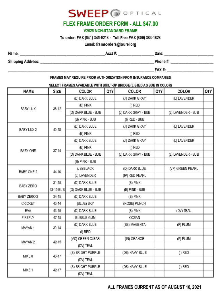Fillable Online Kids Flex Frames Order Form SEPTEMBER 09 2021 Fax Email